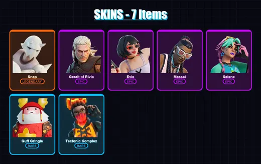 [PC/XBOX/PSN] | Snap | Geralt of Rivia | Evie | Massai | Selene | 7 skin | 13 pickaxe | 7 emote | 11 glider | Lv70