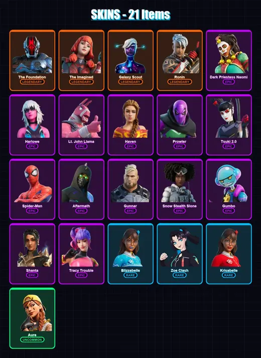 [PC/XBOX] | The Foundation | The Imagined | Galaxy Scout | Ronin | Dark Priestess Naomi | 21 skin | 26 pickaxe | 17 emote | 18 glider | Lv374
