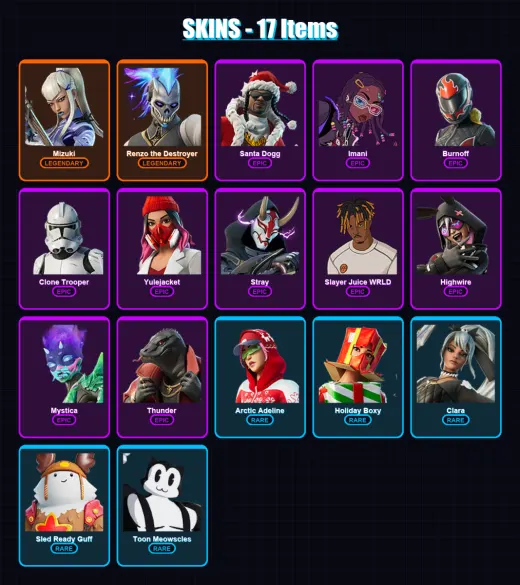 [PC/XBOX/PSN] | Mizuki | Renzo the Destroyer | Santa Dogg | Imani | Burnoff | 17 skin | 41 pickaxe | 28 emote | 39 glider | Lv575 — Game account