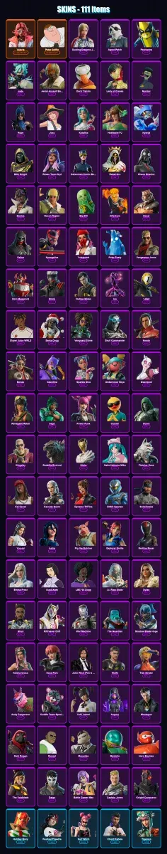 [PC/XBOX] | Valeria | Peter Griffin | Dueling Dragons Jackie | Agent Patch | Peelverine | 111 skin | 170 pickaxe | 105 emote | 93 glider | Lv1534