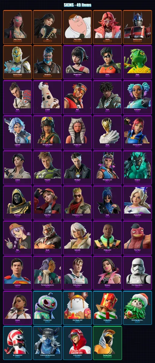 [PC/PSN] | Kado Thorne | Era | Peter Griffin | Valeria | Optimus Prime | 49 skin | 83 pickaxe | 54 emote | 67 glider | Lv1244