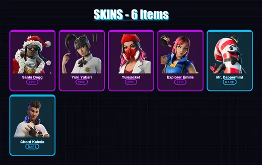 [PC/XBOX/PSN] | Santa Dogg | Yuki Yubari | Yulejacket | Explorer Emilie | Mr. Dappermint | 6 skin | 10 pickaxe | 4 emote | 4 glider | Lv47