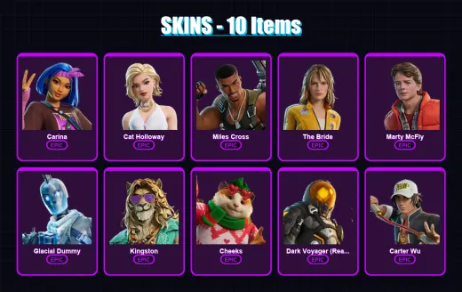 [PC/XBOX/PSN] | Carina | Cat Holloway | Miles Cross | The Bride | Marty McFly | 10 skin | 25 pickaxe | 13 emote | 16 glider | Lv233