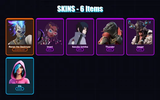 [PC/XBOX/PSN] | Renzo the Destroyer | Imani | Sasuke Uchiha | Thunder | Jaeger | 6 skin | 18 pickaxe | 12 emote | 21 glider | Lv279