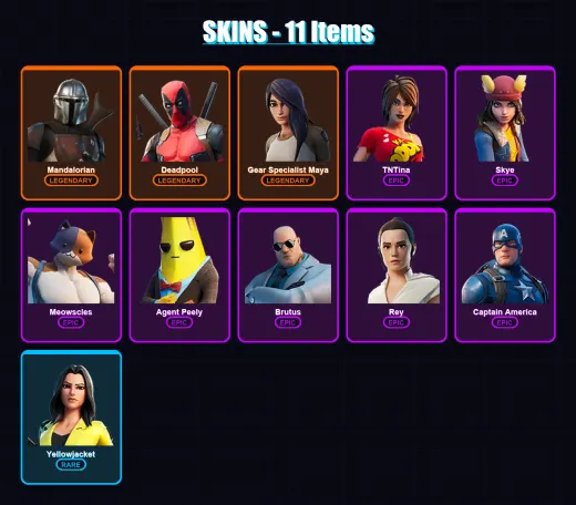[PC/PSN] | Mandalorian | Deadpool | Gear Specialist Maya | TNTina | Skye | 11 skin | 12 pickaxe | 18 emote | 17 glider | Lv184