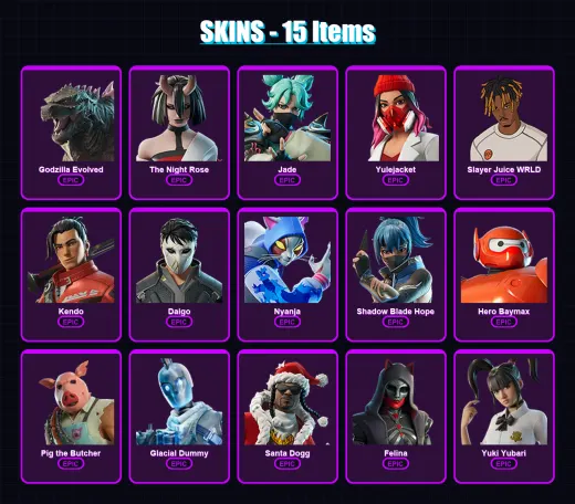 [SWITCH/XBOX/PC] | Godzilla Evolved | The Night Rose | Jade | Yulejacket | Slayer Juice WRLD | 15 skin | 63 pickaxe | 26 emote | 36 glider | Lv491