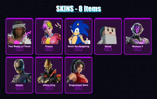 [PC] | Tour Ready Lil Tecca | Prisma | Sonic the Hedgehog | Wrixel | Mortuus X | 8 skin | 3 pickaxe | 2 emote | 1 glider | Lv3