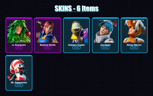 [PC/XBOX] | Lt. Evergreen | Explorer Emilie | Subzero Cryptic | Jun-Hwan | Wooly Warrior | 6 skin | 20 pickaxe | 6 emote | 15 glider | Lv143