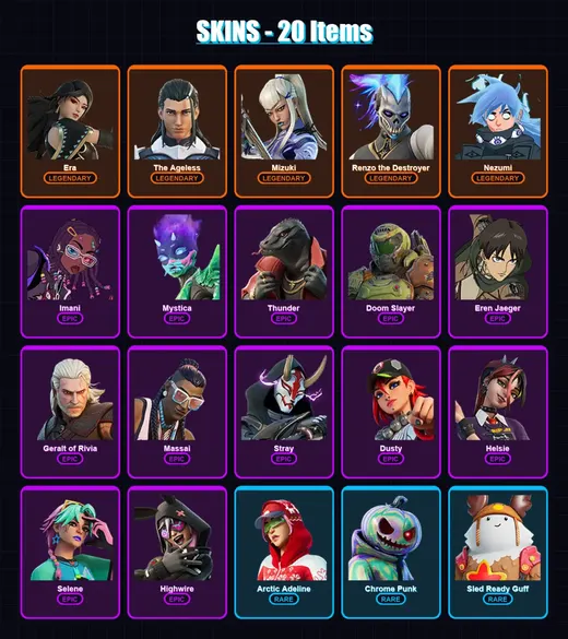 [PS4/PS5/XBOX/PC] | Era | The Ageless | Mizuki | Renzo the Destroyer | Nezumi | 20 skin | 27 pickaxe | 26 emote | 32 glider | Lv428 — Game account