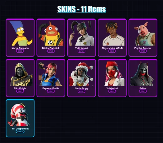 [PC/XBOX] | Marge Simpson | Blinky Fishstick | Yuki Yubari | Slayer Juice WRLD | Pig the Butcher | 11 skin | 48 pickaxe | 18 emote | 29 glider | Lv5
