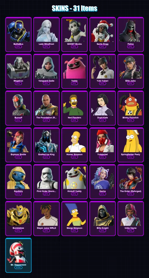 [PC/PSN] | BattleBus | Lady Windfrost | GHOST Monks | Santa Dogg | Felina | 31 skin | 100 pickaxe | 45 emote | 70 glider | Lv1249