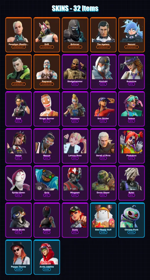 [PC/XBOX/PSN] | Paradigm (Reality-659) | Drift | Enforcer | The Ageless | Nezumi | 32 skin | 43 pickaxe | 35 emote | 38 glider | Lv723