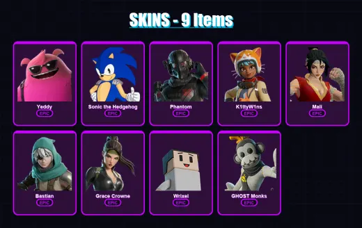 [PC/XBOX/PSN] | Yeddy | Sonic the Hedgehog | Phantom | K1ttyW1ns | Mali | 9 skin | 18 pickaxe | 10 emote | 15 glider | Lv133