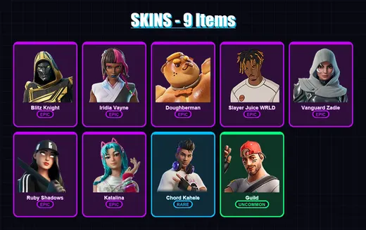 [PC/XBOX/PSN] | Blitz Knight | Iridia Vayne | Doughberman | Slayer Juice WRLD | Vanguard Zadie | 9 skin | 63 pickaxe | 35 emote | 46 glider | Lv847