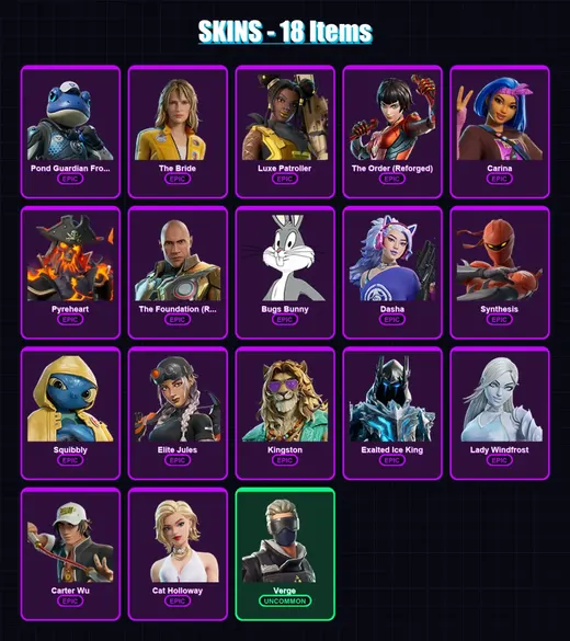[PC/XBOX] | Pond Guardian Froggory | The Bride | Luxe Patroller | The Order (Reforged) | Carina | 18 skin | 33 pickaxe | 22 emote | 25 glider | Lv28