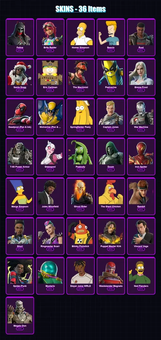 [PS4/PS5/XBOX/PC] | Felina | Brite Raider | Homer Simpson | Beavis | Rust | 36 skin | 77 pickaxe | 53 emote | 54 glider | Lv662
