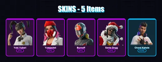 [PC/XBOX/PSN] | Yuki Yubari | Yulejacket | Burnoff | Santa Dogg | Chord Kahele | 5 skin | 7 pickaxe | 4 emote | 3 glider | Lv16