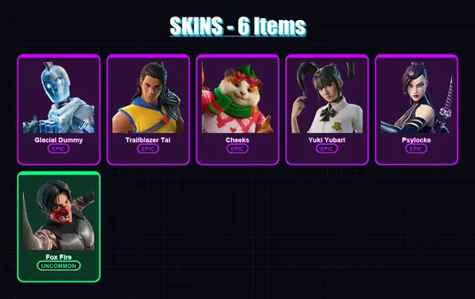 [PC/XBOX] | Glacial Dummy | Trailblazer Tai | Cheeks | Yuki Yubari | Psylocke | 6 skin | 31 pickaxe | 18 emote | 13 glider | Lv224