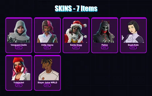 [PS4/PS5/XBOX/PC] | Vanguard Zadie | Iridia Vayne | Santa Dogg | Felina | Dupli-Kate | 7 skin | 43 pickaxe | 19 emote | 28 glider | Lv1039