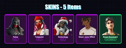 [PC/XBOX/PSN] | Felina | Yulejacket | Santa Dogg | Slayer Juice WRLD | Desert Dominator | 5 skin | 18 pickaxe | 9 emote | 13 glider | Lv148