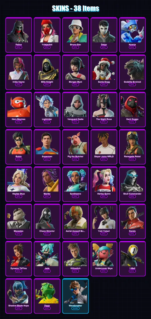 [PS4/PS5/PC] | Felina | Yulejacket | Bruno-San | Daigo | Nyanja | 38 skin | 96 pickaxe | 41 emote | 59 glider | Lv985
