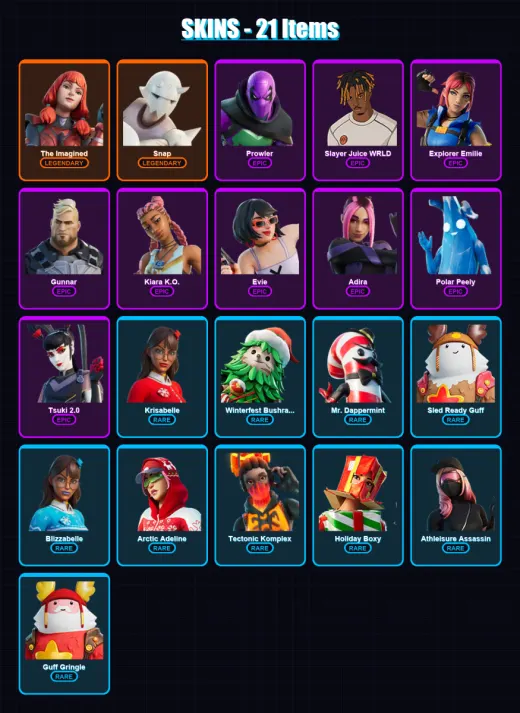 [PC/XBOX/PSN] | The Imagined | Snap | Prowler | Slayer Juice WRLD | Explorer Emilie | 21 skin | 39 pickaxe | 28 emote | 39 glider | Lv473 — Game account