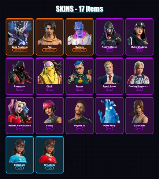 [PC/XBOX/PSN] | Spire Assassin | Raz | Kymera | Rebirth Raven | Ruby Shadows | 17 skin | 31 pickaxe | 22 emote | 27 glider | Lv281