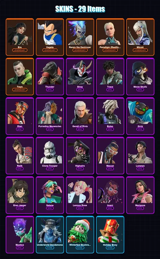 [PC/XBOX/PSN] | Era | Vegeta | Renzo the Destroyer | Paradigm (Reality-659) | Mizuki | 29 skin | 37 pickaxe | 26 emote | 42 glider | Lv476