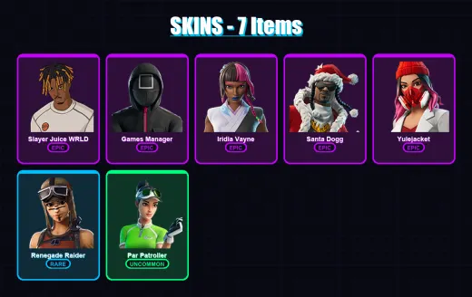 [PC] | Slayer Juice WRLD | Games Manager | Iridia Vayne | Santa Dogg | Yulejacket | 7 skin | 41 pickaxe | 19 emote | 24 glider | Lv365