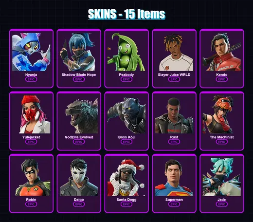 [PC/XBOX/PSN] | Nyanja | Shadow Blade Hope | Peabody | Slayer Juice WRLD | Kendo | 15 skin | 43 pickaxe | 15 emote | 33 glider | Lv227