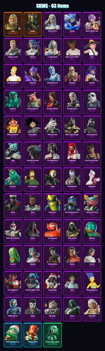 [PS4/PS5/XBOX/PC] | Zeus | Hades | Emma Frost | Nyanja | Battle Gamer Mae | 63 skin | 126 pickaxe | 82 emote | 83 glider | Lv1220