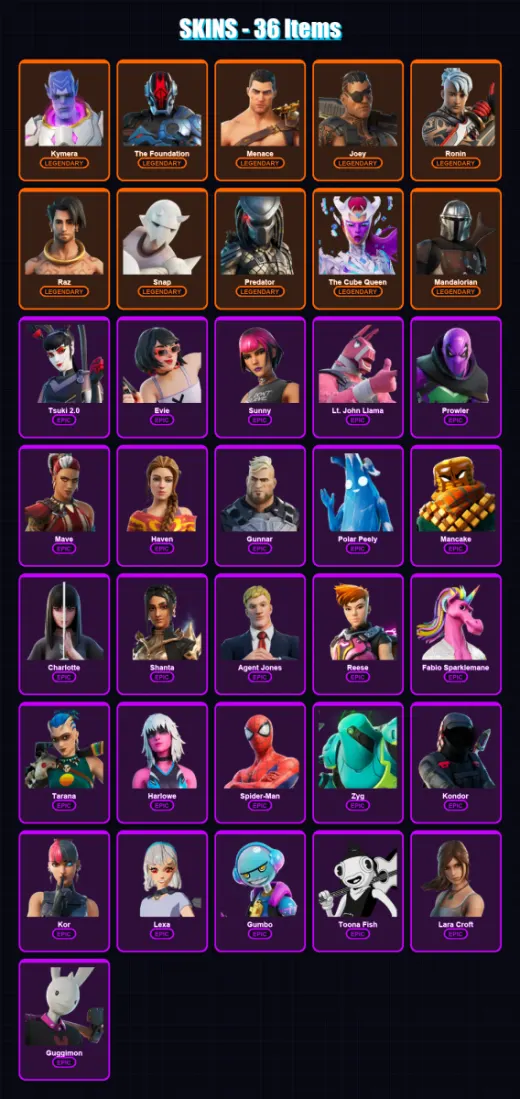 [PS4/PS5/PC] | Kymera | The Foundation | Menace | Joey | Ronin | 36 skin | 39 pickaxe | 27 emote | 37 glider | Lv478