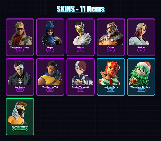 [PS4/PS5/PC] | Vengeance Jones | Hope | Nisha | Oscar | Jackie | 11 skin | 11 pickaxe | 6 emote | 6 glider | Lv69 — Game account