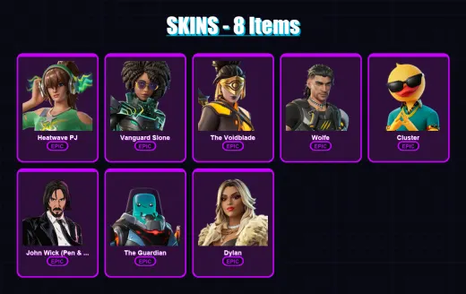 [SWITCH/XBOX/PSN/PC] | Heatwave PJ | Vanguard Slone | The Voidblade | Wolfe | Cluster | 8 skin | 15 pickaxe | 14 emote | 14 glider | Lv111