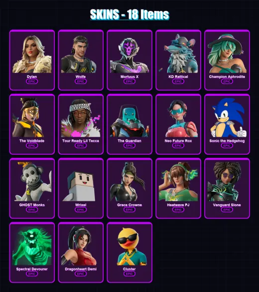 [PC/PSN] | Dylan | Wolfe | Mortuus X | KD Rattical | Champion Aphrodite | 18 skin | 25 pickaxe | 14 emote | 17 glider | Lv108