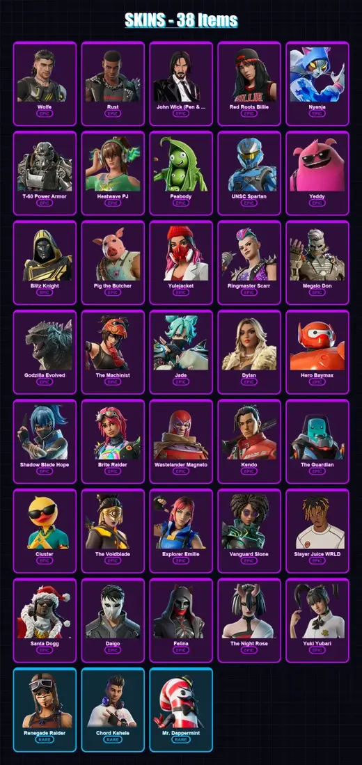 [PC/XBOX/PSN] | Wolfe | Rust | John Wick (Pen & Ink) | Red Roots Billie | Nyanja | 38 skin | 123 pickaxe | 70 emote | 77 glider | Lv2028