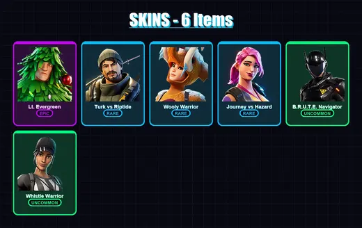 [PC] | Lt. Evergreen | Turk vs Riptide | Wooly Warrior | Journey vs Hazard | B.R.U.T.E. Navigator | 6 skin | 8 pickaxe | 13 emote | 9 glider | Lv165 — Game account
