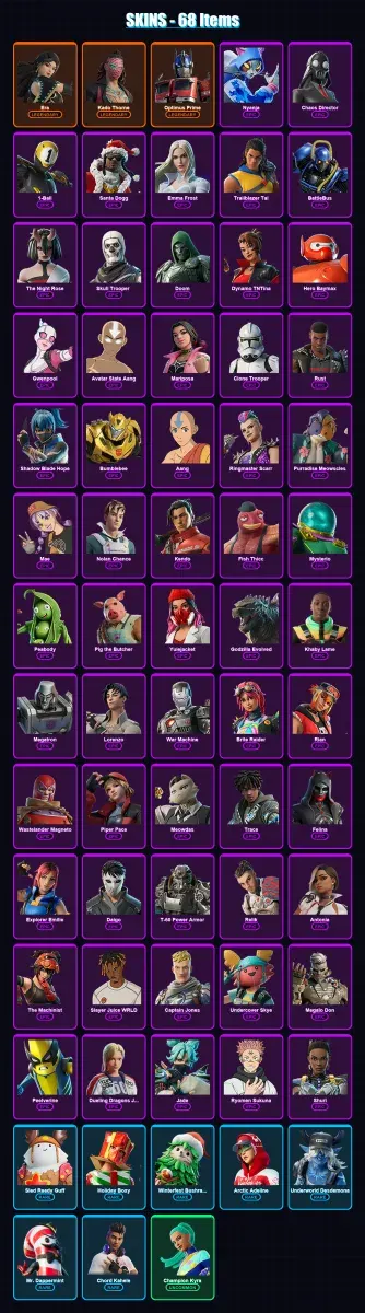 [SWITCH/XBOX/PC] | Era | Kado Thorne | Optimus Prime | Nyanja | Chaos Director | 68 skin | 120 pickaxe | 88 emote | 97 glider | Lv1573