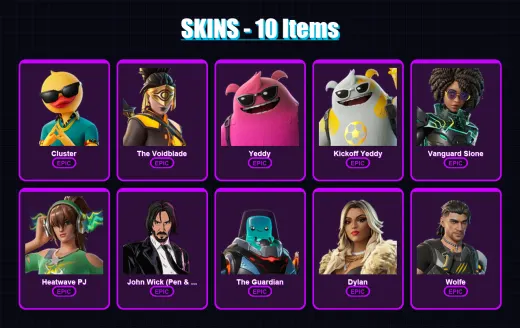 [PC/PSN] | Cluster | The Voidblade | Yeddy | Kickoff Yeddy | Vanguard Slone | 10 skin | 17 pickaxe | 13 emote | 16 glider | Lv177