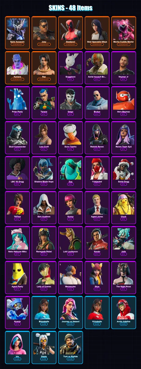 [PC/PSN] | Spire Assassin | Joey | Deadpool | Gear Specialist Maya | Mecha Cuddle Master | 48 skin | 52 pickaxe | 35 emote | 38 glider | Lv431