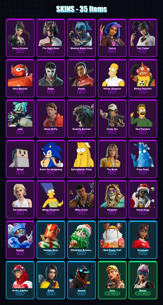 [PC/XBOX] | Grace Crowne | The Night Rose | Shadow Blade Hope | Carina | Yuki Yubari | 35 skin | 83 pickaxe | 58 emote | 62 glider | Lv703 — Game account