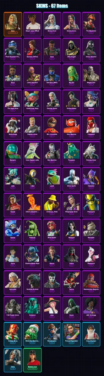[PS4/PS5/PC] | Zeus | Slayer Juice WRLD | Emma Frost | Keisha Cross | The Machinist | 67 skin | 127 pickaxe | 77 emote | 85 glider | Lv1163