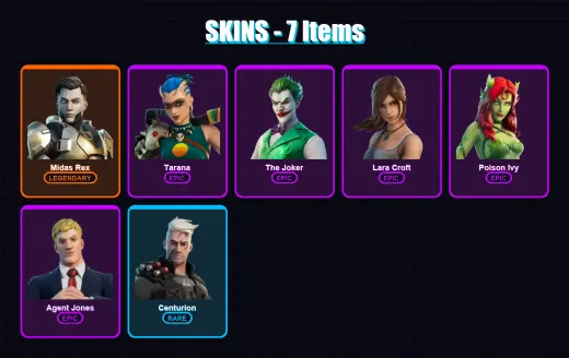 [SWITCH/XBOX/PSN/PC] | Midas Rex | Tarana | The Joker | Lara Croft | Poison Ivy | 7 skin | 8 pickaxe | 10 emote | 7 glider | Lv93