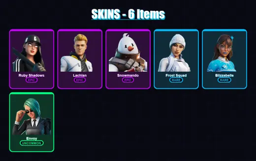 [PC/XBOX/PSN] | Ruby Shadows | Lachlan | Snowmando | Frost Squad | Blizzabelle | 6 skin | 16 pickaxe | 21 emote | 19 glider | Lv432