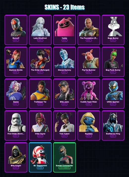 [PC/PSN] | Burnoff | Lady Windfrost | Yeddy | The Foundation (Reforged) | Bugs Bunny | 23 skin | 84 pickaxe | 40 emote | 51 glider | Lv1833