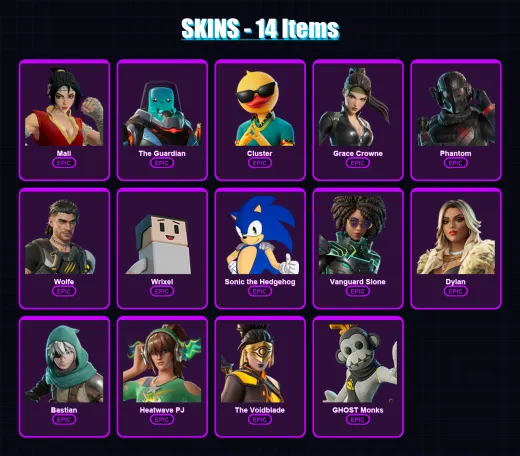 [PS4/PS5/XBOX/PC] | Mali | The Guardian | Cluster | Grace Crowne | Phantom | 14 skin | 37 pickaxe | 17 emote | 26 glider | Lv219