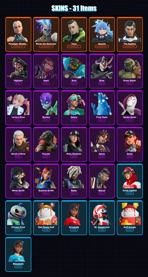 [PC/XBOX/PSN] | Paradigm (Reality-659) | Renzo the Destroyer | Twyn | Nezumi | The Ageless | 31 skin | 38 pickaxe | 31 emote | 48 glider | Lv621