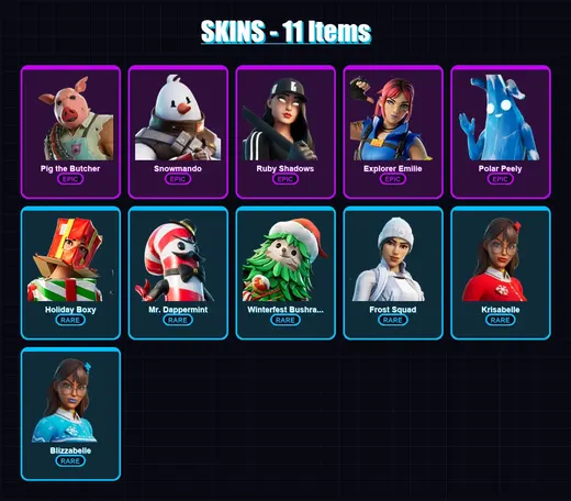 [PC] | Pig the Butcher | Snowmando | Ruby Shadows | Explorer Emilie | Polar Peely | 11 skin | 37 pickaxe | 28 emote | 33 glider | Lv654 — Game account