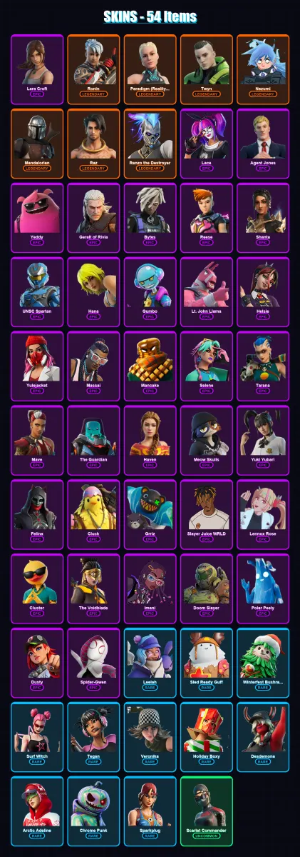 [PC/PSN] | Lara Croft | Ronin | Paradigm (Reality-659) | Twyn | Nezumi | 54 skin | 110 pickaxe | 84 emote | 85 glider | Lv1124