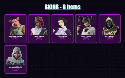 [PC/XBOX/PSN] | Pig the Butcher | Iridia Vayne | Dupli-Kate | Yuki Yubari | Blitz Knight | 6 skin | 62 pickaxe | 26 emote | 43 glider | Lv698